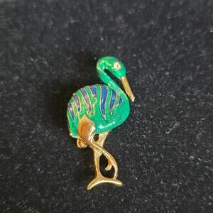 Vintage COANN Enamel Bird Brooch Green & Blue Heron or Crane Gold Tone